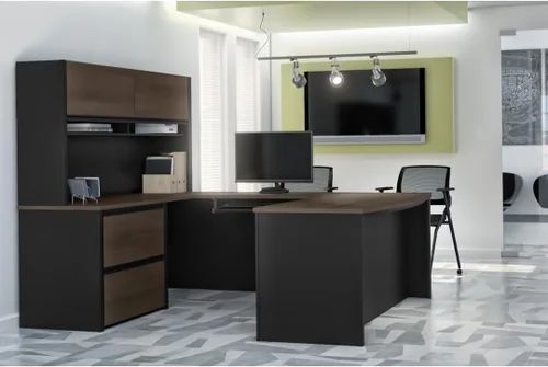 Vista 2 de Bestar Connexion - Escritorio ejecutivo en forma de U de 72 W con Antigua y Negro
