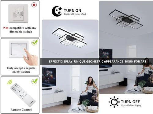 Vista 6 de Jaycomey - Lámpara de techo regulable, lámparas LED modernas en negro con control remoto, 50W, lámpara de techo de acrílico cuadrado de montaje