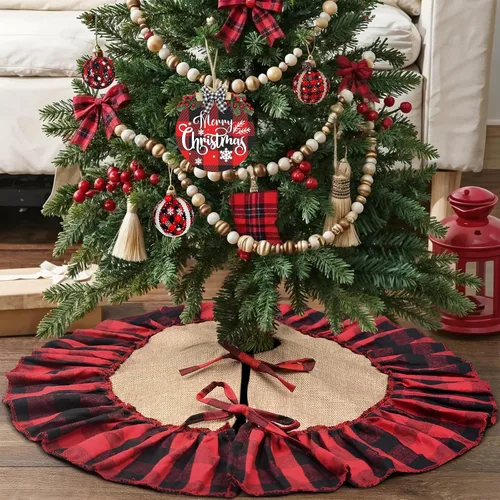 Vista 2 de Mini falda de árbol de arpillera a cuadros Buffalo con volantes rojos y negros, falda pequeña de árbol de Navidad a cuadros rojos y negros de 24