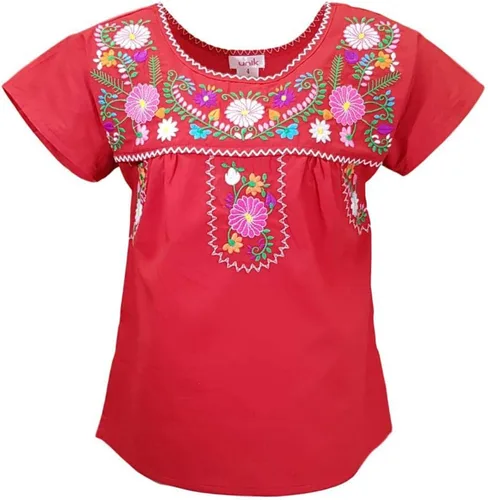 Vista 6 de Blusa bordada tradicional Puebla Mexicana para niña talla 4-14
