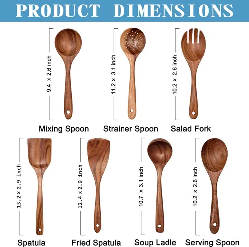 Vista 2 de Juego de herramientas de cocina antiadherente de madera, juego de 7 piezas, espátula de cocina de teca 100% natural, utensilios de cocina de madera