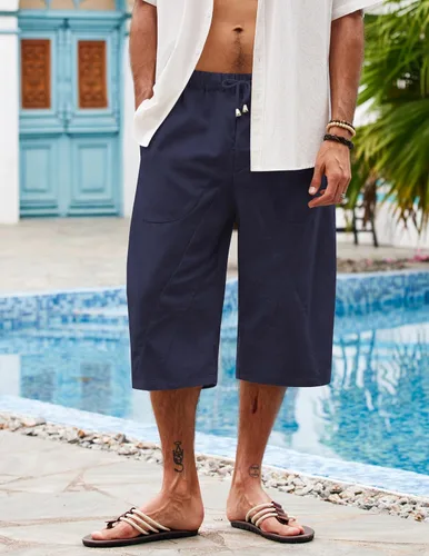 Vista 2 de COOFANDY Pantalones capri harén de lino para hombre, casuales, ligeros, con cordón, pantalones de yoga, holgados, 34, pantalones de playa
