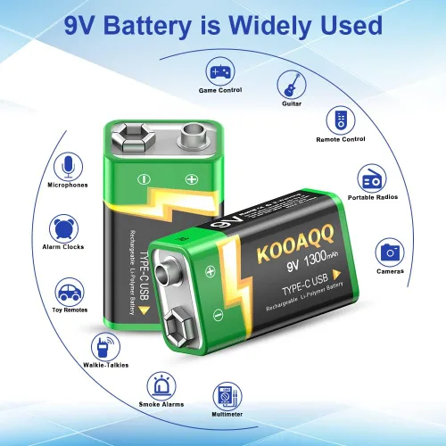 Vista 6 de Paquete de 1 baterías recargables de 9 V, recarga USB-C de 1300 mAh, 9 voltios de iones de litio de larga duración para alarmas, micrófonos