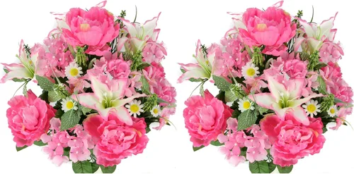 Vista 8 de Admired by Nature 2 piezas de 24 rosas artificiales, clavel mixto, arbusto de primavera, arreglo floral sintético para exteriores e interiores