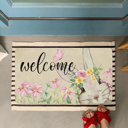 Vista 2 de Tapete antideslizante para puerta de Pascua, diseño de conejito de primavera, diseño floral para interiores y exteriores, para entrada, porche