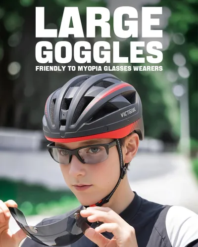 Vista 5 de VICTGOAL Casco de bicicleta con luz trasera recargable por USB, gafas magnéticas desmontables, visera solar extraíble, cascos de bicicleta de Negro