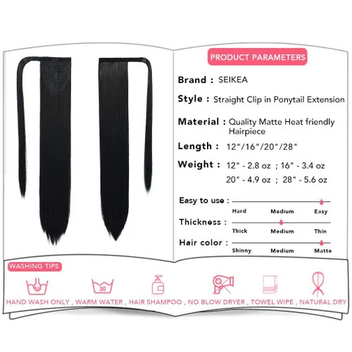 Vista 3 de SEIKEA Extensión de cola de caballo con clip alrededor del cabello lacio para mujer (12 pulgadas, negro)