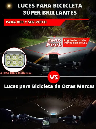 Vista 2 de Luces de bicicleta de alto lúmenes delanteras y traseras para conducción nocturna, 10,000 mAh USB recargable 6 luces LED para bicicleta, 5+5 modos