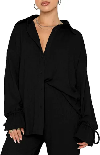 Vista 4 de LYANER Conjunto de 2 piezas para mujer, camisa de manga larga con botones y pantalones de pierna ancha