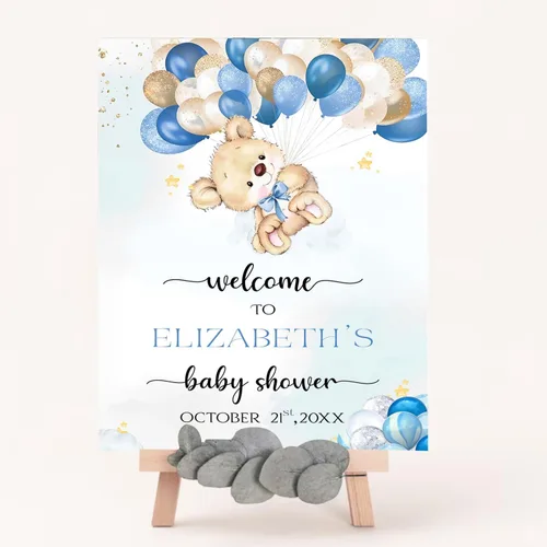 Vista 3 de Letrero de bienvenida personalizado para baby shower con soporte, decoración temática de baby shower con globo, decoración de oso para baby shower