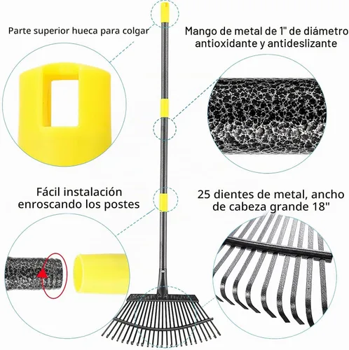 Vista 6 de Rastrillo para hojas, rastrillos de jardín de 30-61 pulgadas para hojas de servicio pesado con mango largo, 25 dientes de 18" de ancho, rastrillo