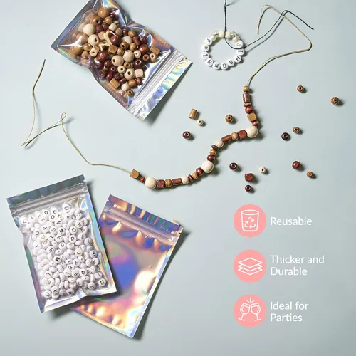 Vista 5 de Prestee Paquete de 100 bolsas de Mylar de 4 x 6 pulgadas, bolsas holográficas resellables con ventana, bolsa de Mylar a prueba de olores