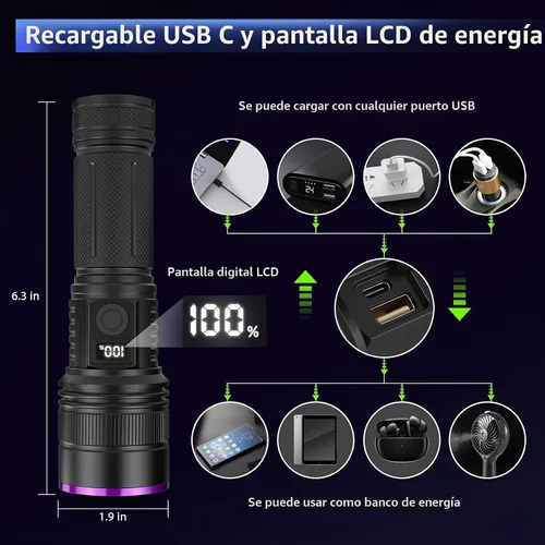 Vista 12 de Luces negras recargables de 365nm con linterna de luz UV de lente de filtro