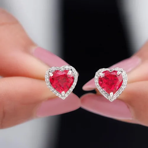 Vista 12 de 3.5 CT Lab Created Ruby and Moissanite Earrings, Created Ruby Stud Earrings with Moissanite Halo, Created Ruby Heart Stud Earrings, 14K Solid Gold