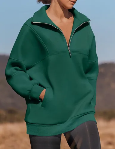 Vista 4 de ZESICA Sudadera de gran tamaño con media cremallera para mujer, manga larga, con cremallera de un cuarto, sudadera con capucha Y2K, ropa de otoño e