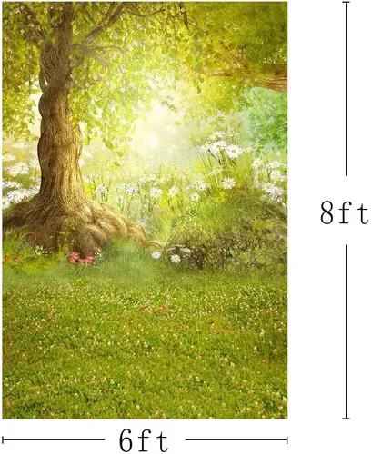Vista 2 de Fondo de fotografía de 6 x 8 pies, feliz Pascua, bosque, árbol grande, prado, hierba, flor blanca, cuento de hadas, estudio fotográfico, fondo