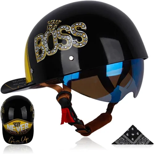 Vista 10 de Medio casco para motocicleta, gorra de béisbol retro, medios cascos con lente desplegable para adultos de calle, para hombres y mujeres