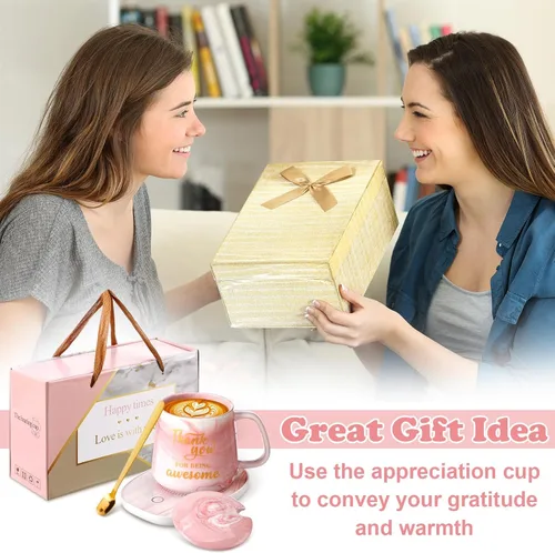 Vista 5 de Nitial Calentador de Café de Agradecimiento con Juego de Taza para Mujeres Taza de Mármol Rosa Placa Calentadora de Tazas Regalo de Agradecimiento