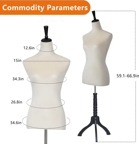 Vista 7 de Maniquí femenino con forma de vestido, torso de modelo de ropa, cuerpo de maniquí para exhibición, soporte de trípode ajustable de 53-67 pulgadas