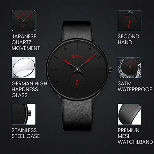 Vista 3 de Reloj de pulsera para hombre, minimalista, ultrafino, impermeable, elegante, elegante, de lujo, de cuarzo, analógico