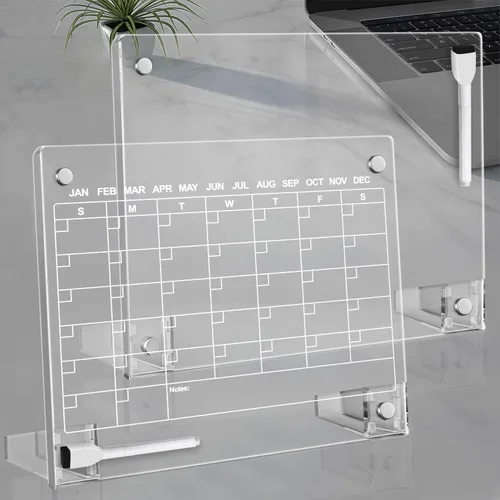 Vista 11 de Calendario acrílico negro de borrado en seco con soporte para escritorio, 16 x 12 pulgadas, pizarra blanca mensual de escritorio grande, pizarra