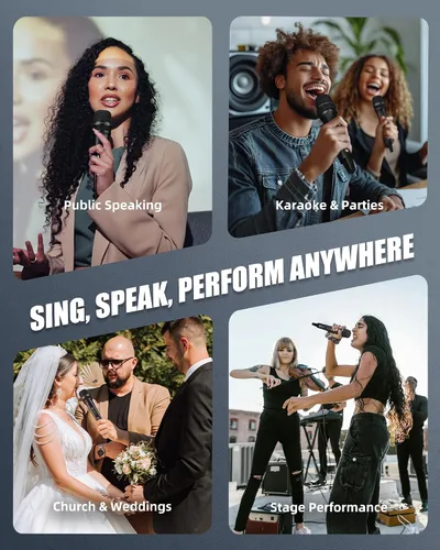 Vista 9 de Micrófonos inalámbricos, micrófono de karaoke profesional, sistema UHF de doble micrófono con rango de 260 pies, micrófono portátil de metal