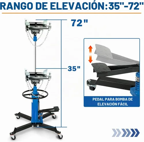 Vista 2 de gato de transmisión de 1600 lb, gato telescópico hidráulico de elevación alta, telescópico de 2 etapas ajustable con pedal de pie y ruedas Azul