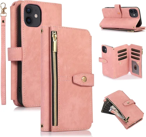 Vista 20 de UEEBAI Funda tipo cartera para iPhone 11 de 6.1 pulgadas, 9 ranuras para tarjetas retro con bolsillo con cremallera, cierre magnético, función atril