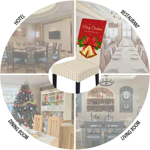 Vista 6 de XMNTG Juego de 6 fundas elásticas para sillas de comedor de Navidad, fundas para sillas Parsons, campanas de lazo, estampadas, extraíbles
