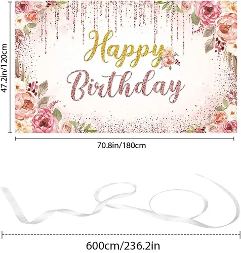 Vista 2 de Cartel floral de feliz cumpleaños para niñas y mujeres, suministros de decoración de fiesta de cumpleaños rosa y dorado, fondo de fotografía