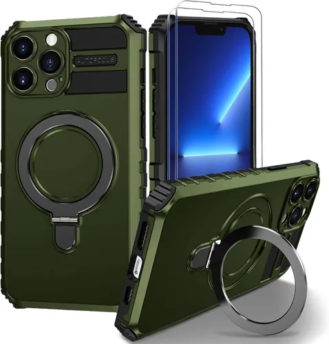 Vista 14 de Funda magnética para iPhone 11 [compatible con MagSafe] con 2 protectores de pantalla de vidrio templado con soporte de anillo, grado militar Azul