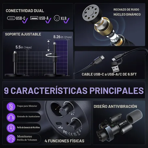 Vista 3 de FIFINE K688S XLR/USB Podcast Micrófono Dinámico con Soporte de Escritorio
