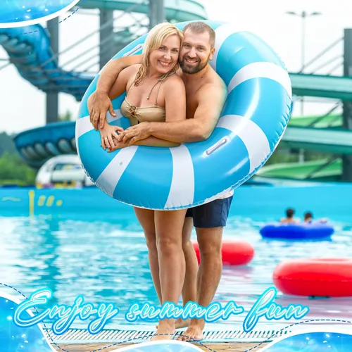 Vista 7 de WinnerWhy 1 anillo de natación azul jumbo con asas de 47.24 pulgadas, tubo inflable de flotador de piscina clásico a rayas para adultos, tumbonas