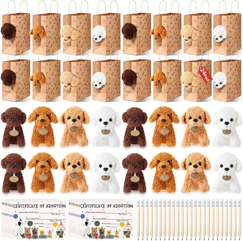 Vista 8 de HyDren Juego de 96 piezas de juguetes de peluche pequeños para perros de 4.7 pulgadas, bolsas de papel de peluche pequeños, tarjetas de adopción