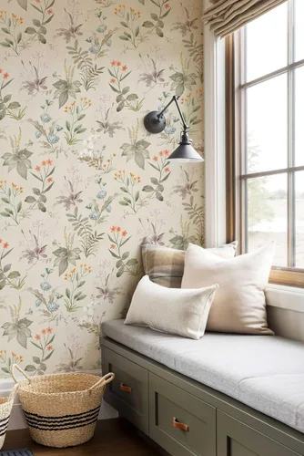 Vista 2 de Simon&Siff - Papel tapiz vintage despegar y pegar beige floral papel adhesivo flores silvestres botánico removible amigable para inquilinos 17,3