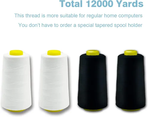 Vista 4 de Hilo serger blanco y negro, hilo multiusos para coser, poliéster, 4 conos de 2743 m cada uno para máquina de coser