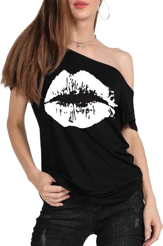 Vista 4 de MAGICMK - Camiseta casual para mujer, con estampado de labios y hombro descubierto, talla extragrande