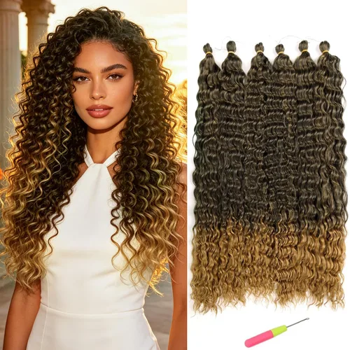 Vista 15 de MAYSA Cabello ondulado de ganchillo azul, cabello ondulado con ganchillo para mujer, extensiones de cabello sintético de onda profunda de 22
