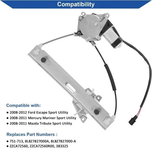 Vista 2 de Obaee 751-713 Regulador de ventana eléctrica trasera derecha del lado del pasajero con motor compatible con Ford Escape 2008 2009 2010 2011 2012
