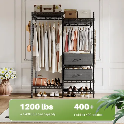 Vista 5 de HOKEEPER Perchero de ropa resistente para colgar ropa, cargas de 1200 libras, armarios portátiles ajustable con cajones desmontables, tablero