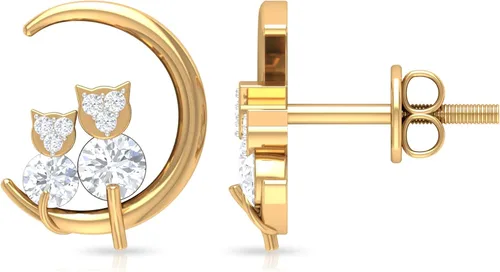 Vista 2 de 0.50 CT Diamond Stud Earrings for Women, Diamond Gold Moon Stud Earrings, Diamond Cat Stud Earrings, April Birthstone Jewelry, 14K Solid Gold