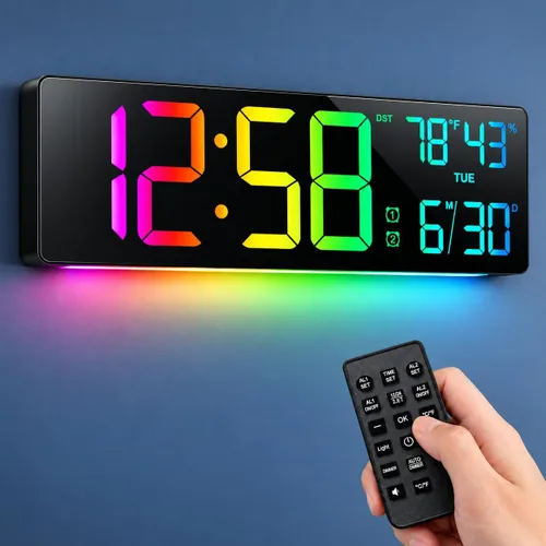 Vista 12 de MASHI Reloj de pared digital grande de 18.5", con control remoto, doble alarma con gran pantalla LED, 10 niveles de brillo ajustable, DST, fecha