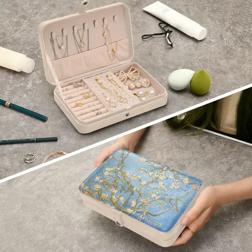Vista 5 de innewgogo Van Gogh - Joyero pequeño con diseño de flor de almendra, organizador de joyas de piel sintética, organizador de aretes de viaje para novia