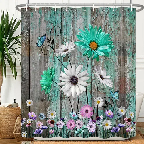 Vista 17 de Cortina de ducha rústica con diseño floral, cortina de ducha rústica con margaritas, cortina de ducha de madera rústica con ganchos, 36 x 72 Verde