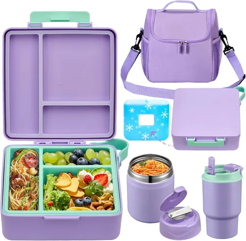 Vista 11 de Lonchera Bento para niños con termo de sopa de 17 onzas, botella de agua aislada y bolsa de almuerzo aislada, a prueba de fugas, contenedor