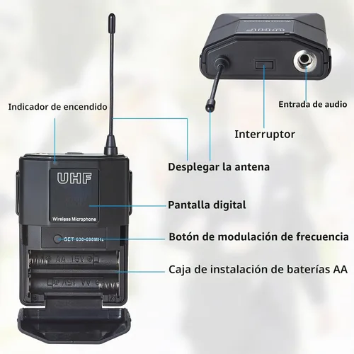Vista 4 de Sistema de micrófono inalámbrico UHF de 4 canales con micrófonos de auriculares Lavalier, frecuencias ajustables de 4 x 50, ideal para reuniones
