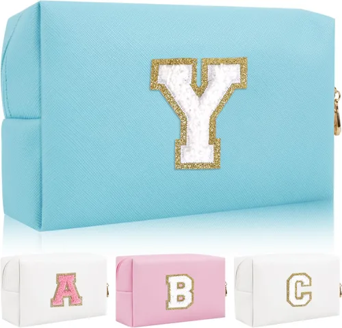 Vista 38 de Bolsa de maquillaje con parche de letra inicial personalizada, bolsa de cosméticos de chenilla preppy con letra de chenilla con cremallera, Y