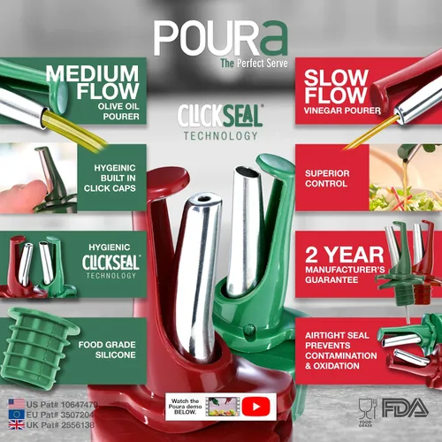 Vista 2 de Poura Boquillas dispensadoras de aceite y vinagre Los vertedores de botellas herméticos ClickSeal sin BPA mantienen el aceite fresco con tapas
