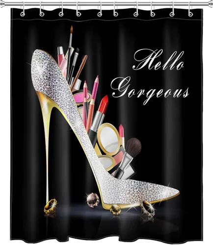 Vista 4 de EOBTAIN Cortina de ducha de tacón alto con diamantes de maquillaje Hello Gorgeous Lipstick Bling Fashion Shoes Sexy Girls Fancy Beautiful Lady