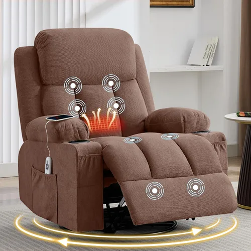 Vista 9 de Swivel Rocker Recliner Chair with Vibration Massage and Heat, Grey Fabric - 8 Massage Points, 2 Cup Holders, USB Port
